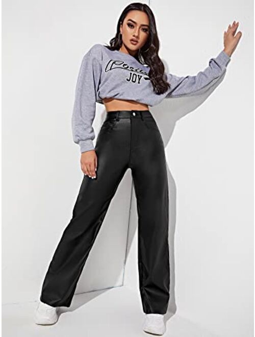 MakeMeChic Women's High Waist Pockets Straight Leg Jeans Leather Look Pants