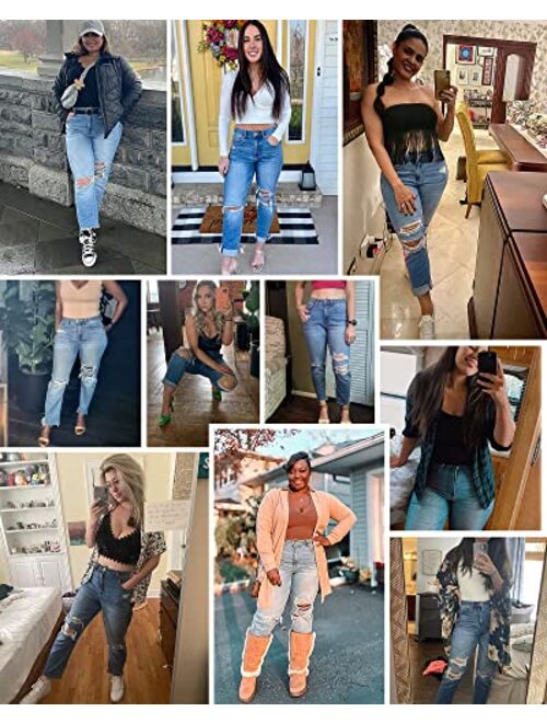 OFLUCK Women Ripped High Waisted Jeans Frayed Raw Hem Regular Fit Boyfriend Distressed Denim Pants with Hole