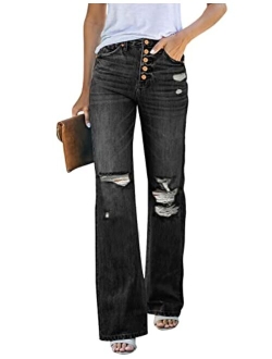 Lookbook Store LookbookStore High Waisted Ripped Flare Jeans for Women Distressed Bell Bottom Jeans Wide Leg Pants