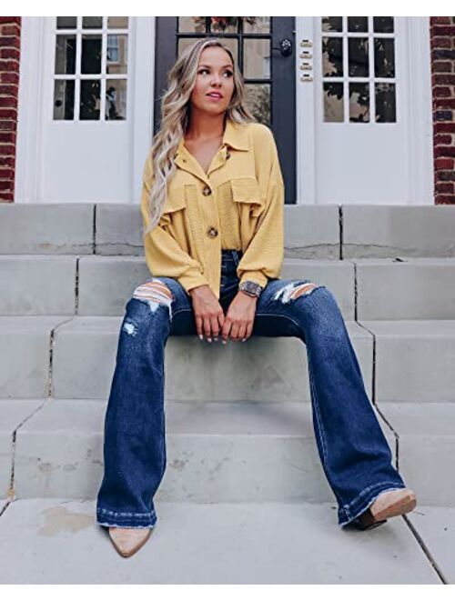 Lookbook Store LookbookStore High Waisted Ripped Flare Jeans for Women Distressed Bell Bottom Jeans Wide Leg Pants