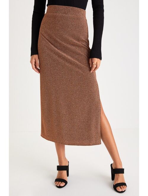 Lulus Sparkly Moment Rust Lurex High-Rise Midi Skirt