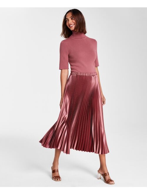 ANNE KLEIN Women's Satin Plisse Pleated Pull-On Midi Skirt