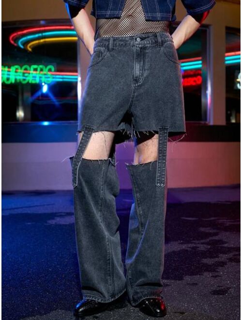 SHEIN Manfinity Fever City Men Cut Out Raw Trim Wide Leg Jeans