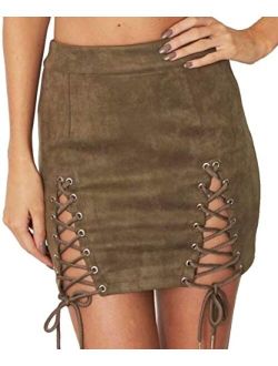 Aliwendy Women's Faux Suede Mini Skirt Sexy Criss Cross Tight Bodycon High Waist Stretch Short Mini Skirt