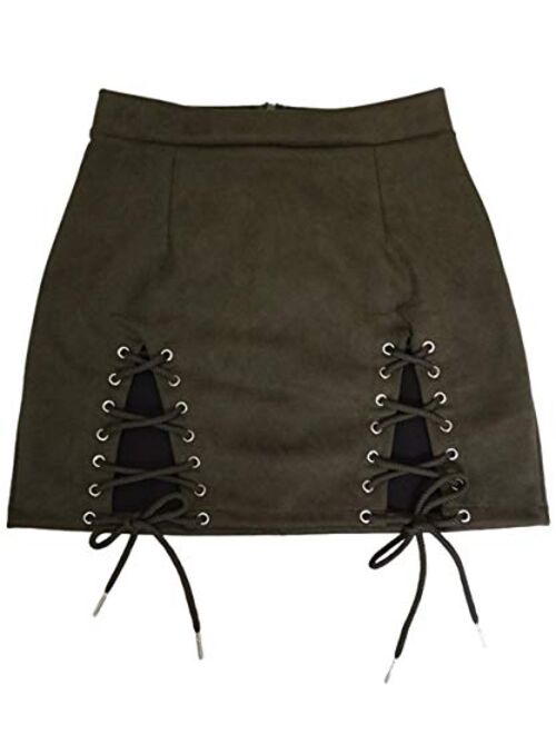 Aliwendy Women's Faux Suede Mini Skirt Sexy Criss Cross Tight Bodycon High Waist Stretch Short Mini Skirt