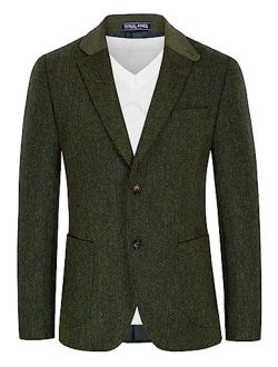 Mens Herringbone Blazer Vintage Tweed Wool Blend Sport Coat Jacket