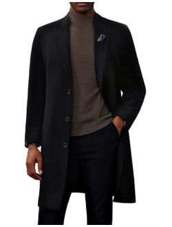 Men's Herringbone Wool Blend Long Overcoat Pea Coat with Brooch