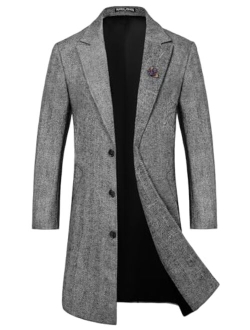 Men's Herringbone Wool Blend Long Overcoat Pea Coat with Brooch