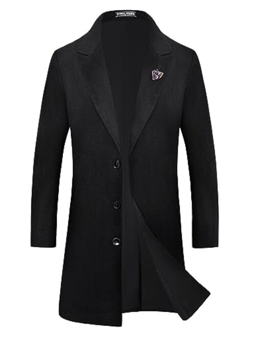 PJ PAUL JONES Men's Herringbone Wool Blend Long Overcoat Pea Coat with Brooch