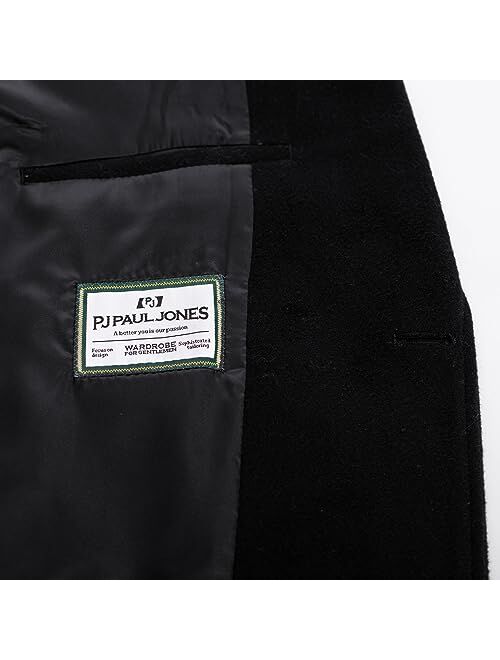 PJ PAUL JONES Men's Herringbone Wool Blend Long Overcoat Pea Coat with Brooch