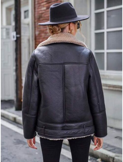 SHEIN Essnce Teddy Lined Zip Up PU Leather Moto Jacket