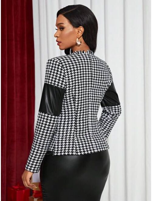 SHEIN Lady Houndstooth Print Frill Trim Open Front Jacket