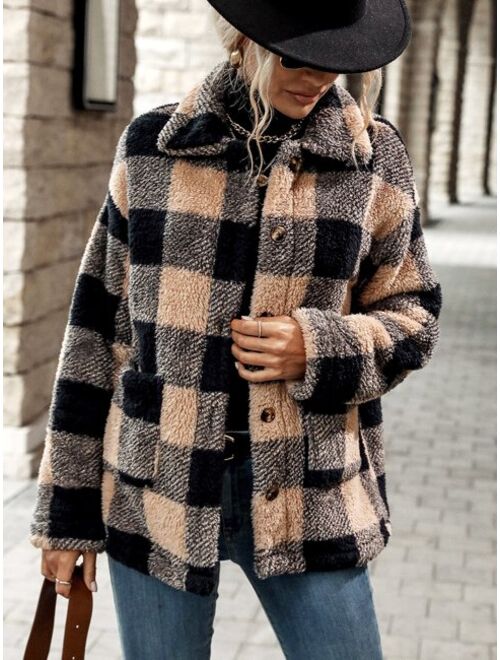 SHEIN LUNE Buffalo Plaid Pattern Dual Pocket Drop Shoulder Flannel Coat