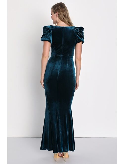 Lulus Glamorous Excellence Teal Blue Velvet Puff Sleeve Maxi Dress