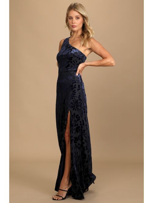Lulus Marvelous Moi Navy Blue Burnout Velvet One-Shoulder Maxi Dress