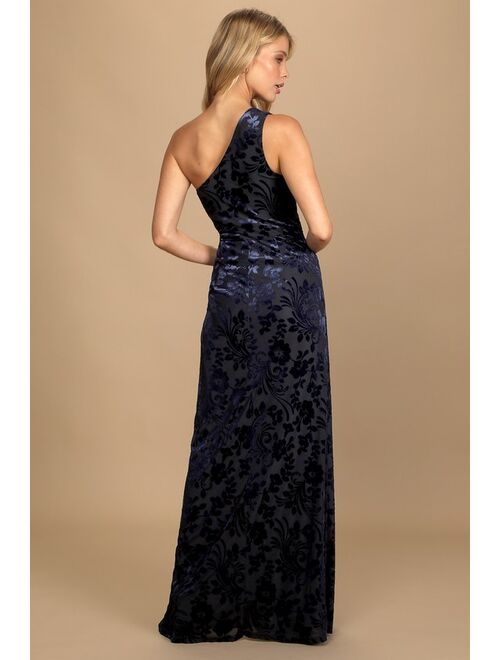 Lulus Marvelous Moi Navy Blue Burnout Velvet One-Shoulder Maxi Dress