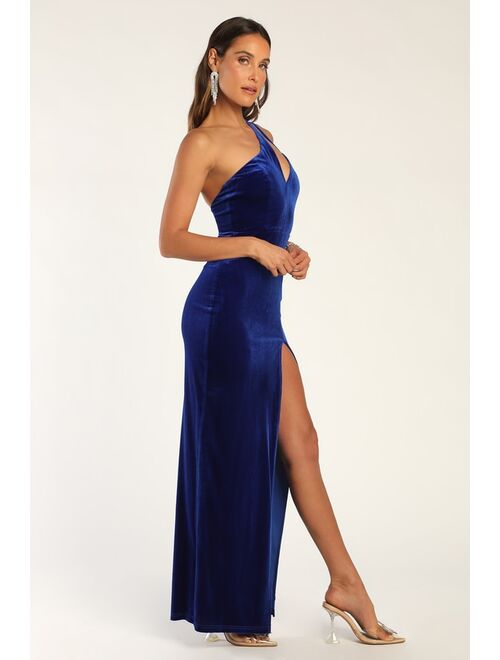 Lulus Extravagant Elegance Royal Blue Velvet Asymmetrical Maxi Dress