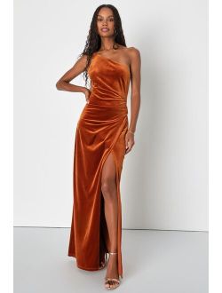 Elegant Era Rust Orange Velvet One-Shoulder Maxi Dress