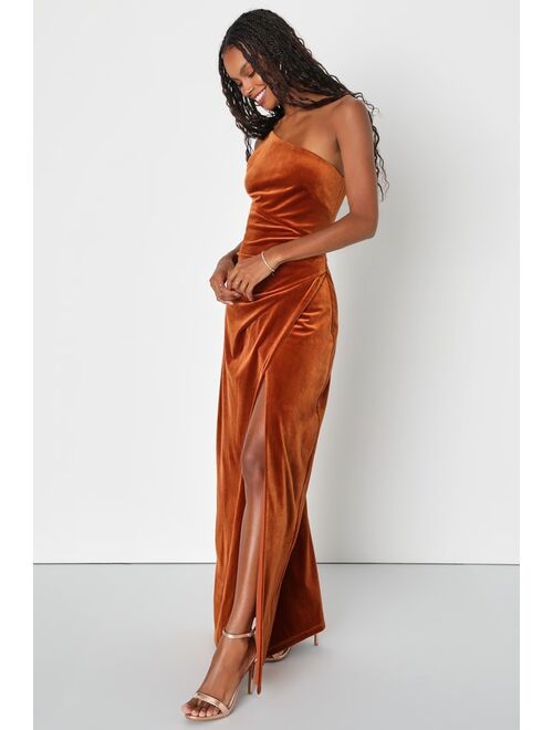 Lulus Elegant Era Rust Orange Velvet One-Shoulder Maxi Dress