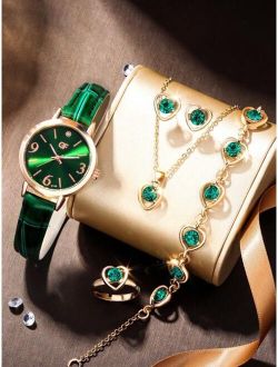 1pc Women Green PU Polyurethane Strap Fashionable Rhinestone Decor Round Dial Quartz Watch & 5pcs Jewelry Set, For Gift