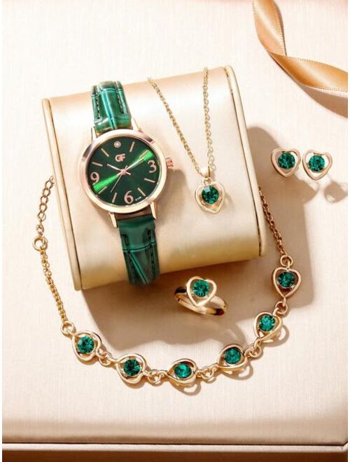 Shein 1pc Women Green PU Polyurethane Strap Fashionable Rhinestone Decor Round Dial Quartz Watch & 5pcs Jewelry Set, For Gift