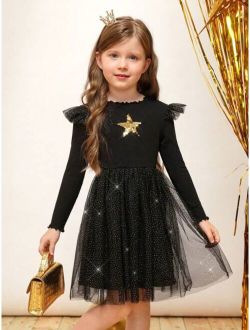 SHEIN Kids CHARMNG Young Girl Star Patched Ruffle Trim Mesh Overlay Dress for Christmas