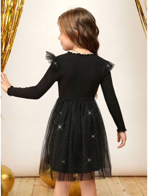 SHEIN Kids CHARMNG Young Girl Star Patched Ruffle Trim Mesh Overlay Dress for Christmas