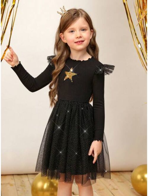 SHEIN Kids CHARMNG Young Girl Star Patched Ruffle Trim Mesh Overlay Dress for Christmas