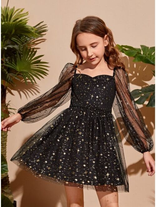 SHEIN Kids CHARMNG Girls Gold Star Mesh Overlay Dress
