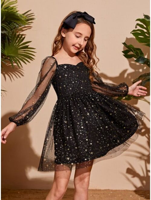 SHEIN Kids CHARMNG Girls Gold Star Mesh Overlay Dress