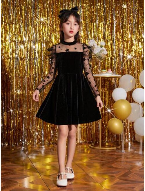 SHEIN Kids KDOMO Tween Girl Contrast Star Mesh Puff Sleeve Velvet Dress