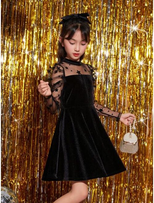 SHEIN Kids KDOMO Tween Girl Contrast Star Mesh Puff Sleeve Velvet Dress