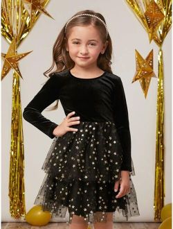 Toddler Girls 1pc Contrast Star Mesh Velvet Dress