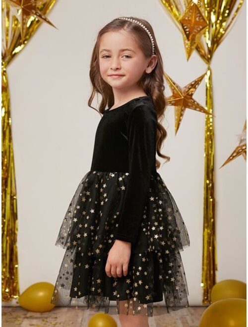 SHEIN Toddler Girls 1pc Contrast Star Mesh Velvet Dress