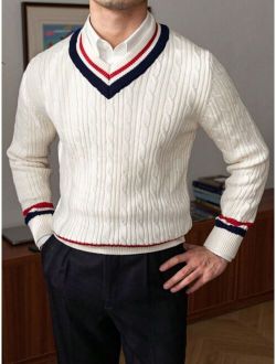 Men Striped Trim Cable Knit Cricket Sweater Without Shirt