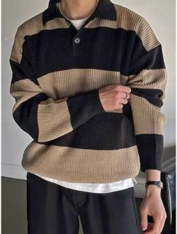 Men Color Block Polo Neck Drop Shoulder Sweater
