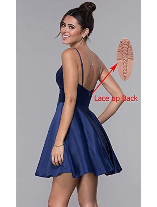 Stylefun Women's V-Neck Short Homecoming Dresses for Teens 2023 Spaghetti Strap Prom Dress with Pocket CYM025