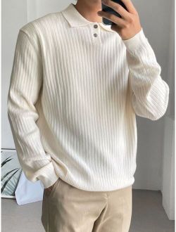 Men Polo Neck Ribbed Knit Sweater