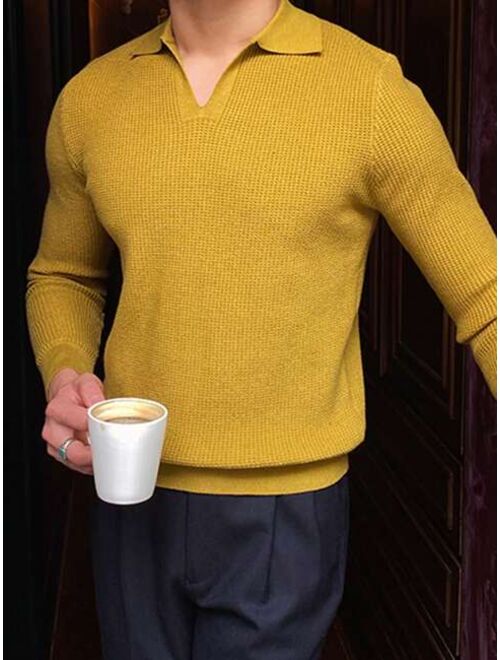 Men Solid Collar Waffle Knit Sweater