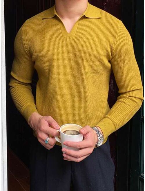Men Solid Collar Waffle Knit Sweater