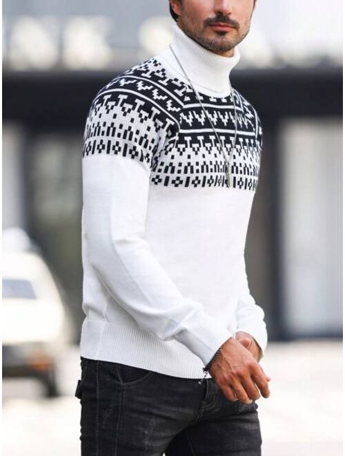 Manfinity Homme Men Geo Pattern Turtleneck Raglan Sleeve Sweater