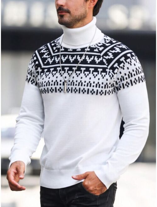 Manfinity Homme Men Geo Pattern Turtleneck Raglan Sleeve Sweater