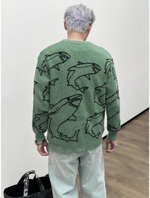 SHEIN Manfinity Hypemode Men Shark Pattern Drop Shoulder Sweater