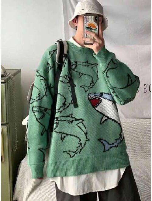 SHEIN Manfinity Hypemode Men Shark Pattern Drop Shoulder Sweater