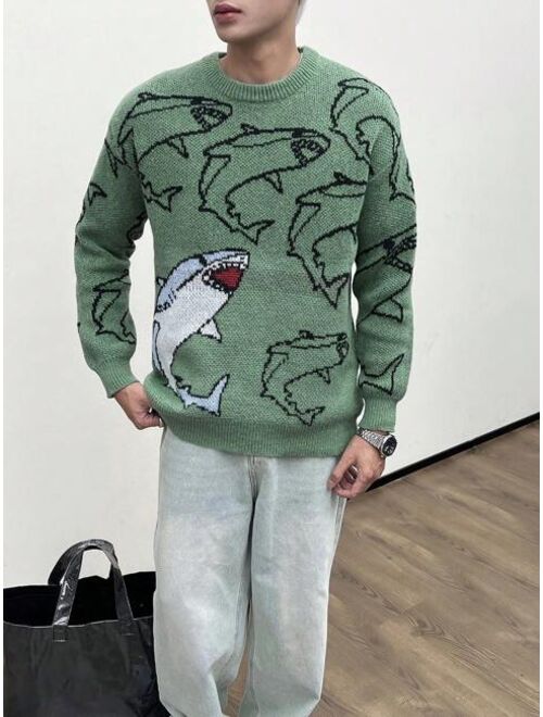 SHEIN Manfinity Hypemode Men Shark Pattern Drop Shoulder Sweater