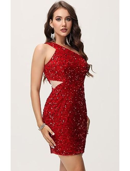Wchecalino One Shoulder Sequin Homecoming Dresses for Teens Sparkly Cut Out Sexy Backless Short Prom Dress