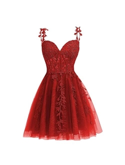 Dessiny Junior's Spaghetti Straps Lace Homecoming Dress for Teens 2023 Tulle Short Prom Dresses Cocktail Gowns DE04