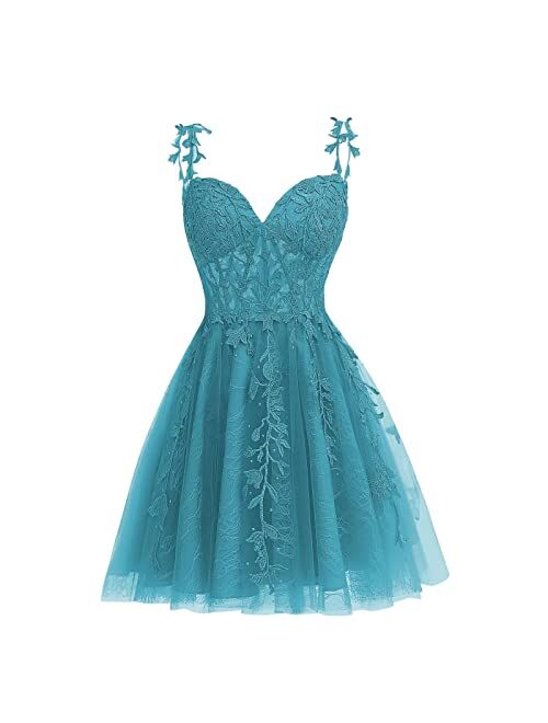 Dessiny Junior's Spaghetti Straps Lace Homecoming Dress for Teens 2023 Tulle Short Prom Dresses Cocktail Gowns DE04