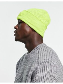 deep turn-up beanie in neon lime with rubber patch