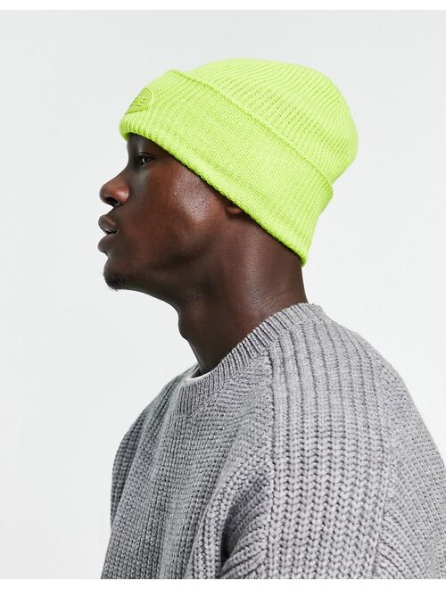 ASOS DESIGN deep turn-up beanie in neon lime with rubber patch